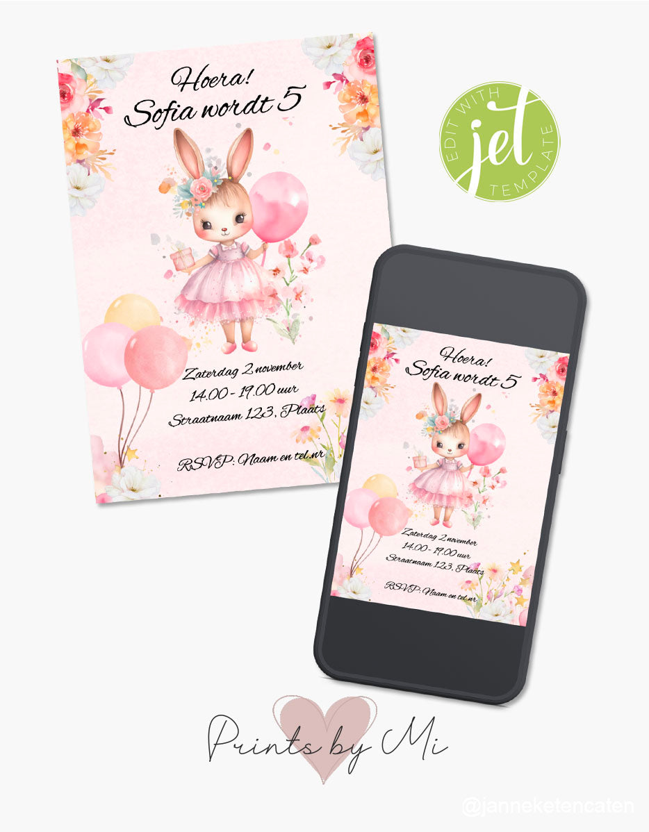 Digitale uitnodiging Konijn roze template