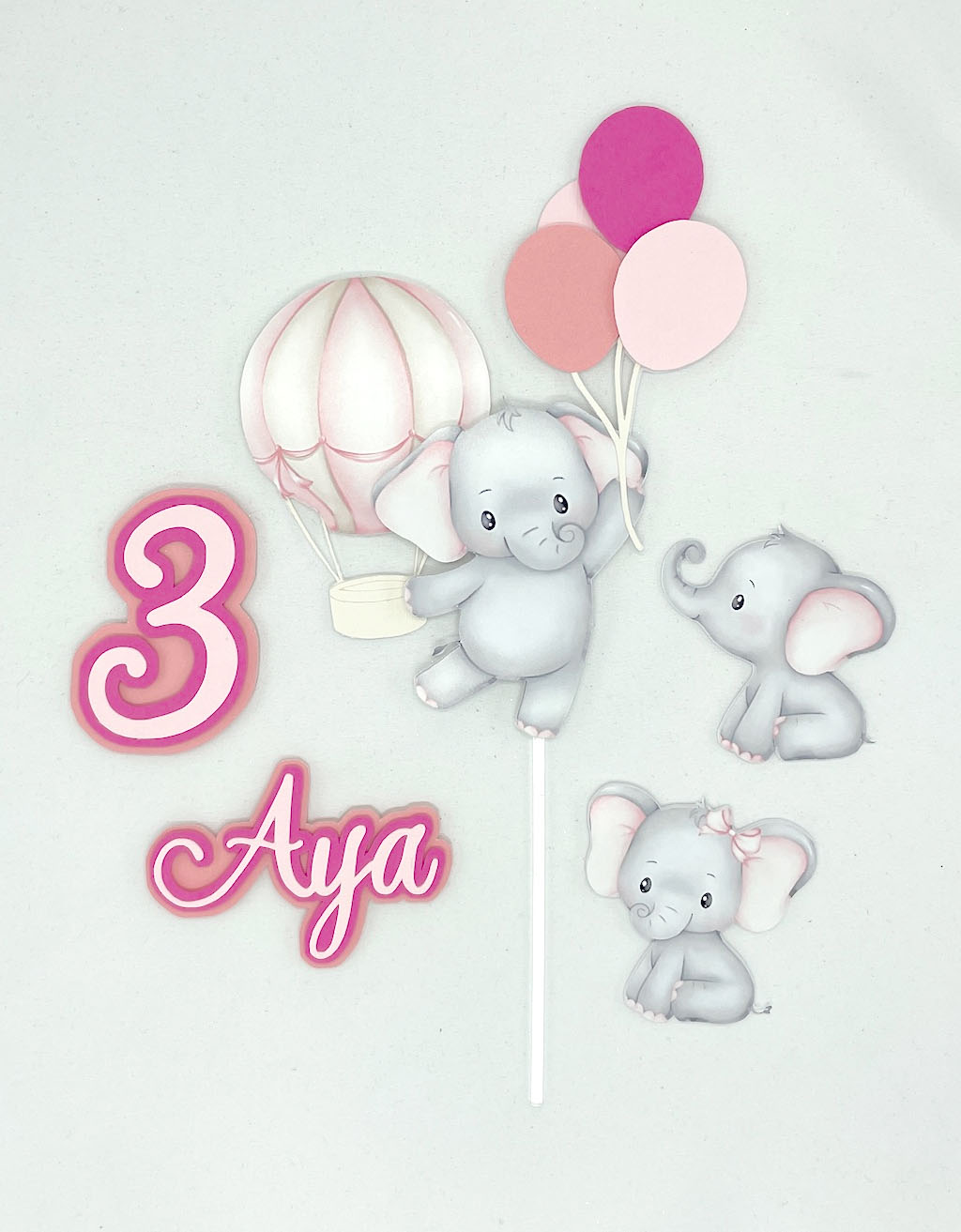 Taartdecoratie set Olifantjes, luchtballon en ballonnen met naam en leeftijd