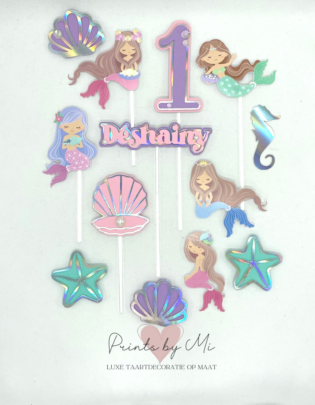 Taartdecoratie Zeemeerminnen en Schelpen met naam en leeftijd