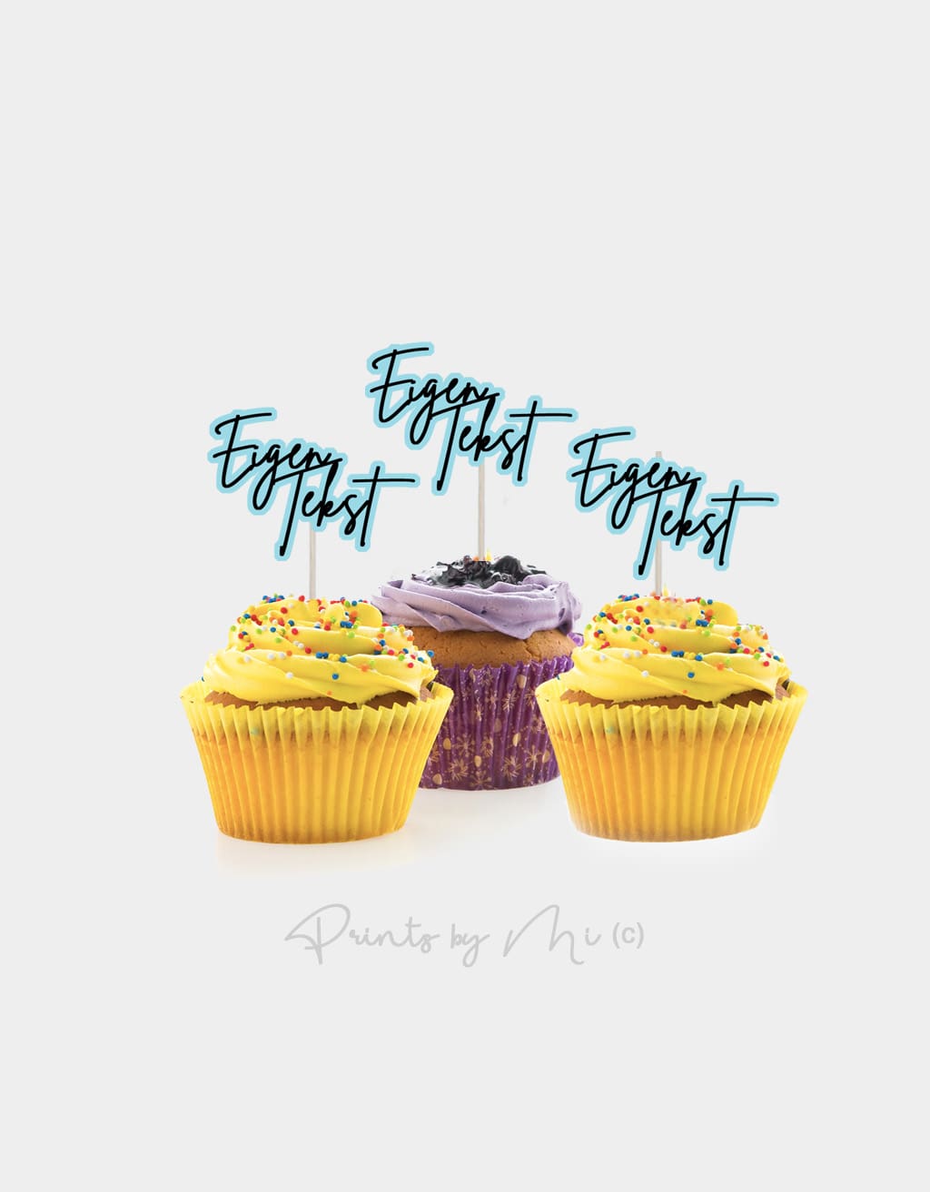 Cupcake prikkers eigen tekst - twee kleuren - per 12 stuks