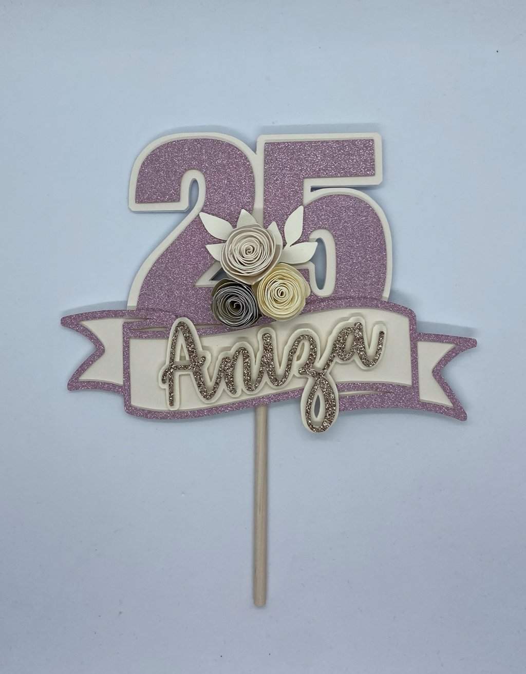 Taarttopper met bloemen en banner - naam en leeftijd freeshipping - Prints by Mi