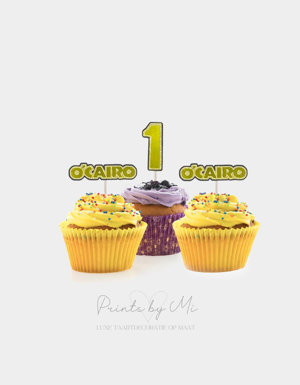 Cupcake toppers drie kleuren naam en leeftijd - per 12 stuks