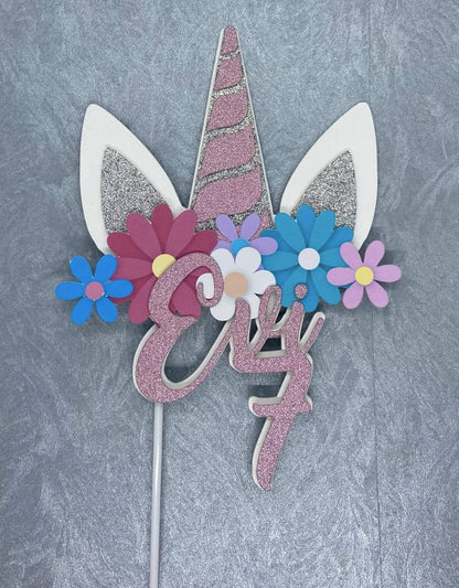 Taarttopper Unicorn met bloemen naam en leeftijd freeshipping - Prints by Mi