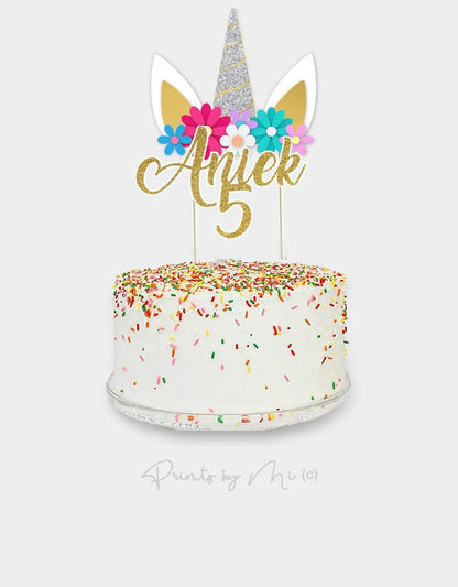 Taarttopper Unicorn met bloemen naam en leeftijd freeshipping - Prints by Mi