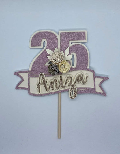 Taarttopper met bloemen en banner - naam en leeftijd freeshipping - Prints by Mi