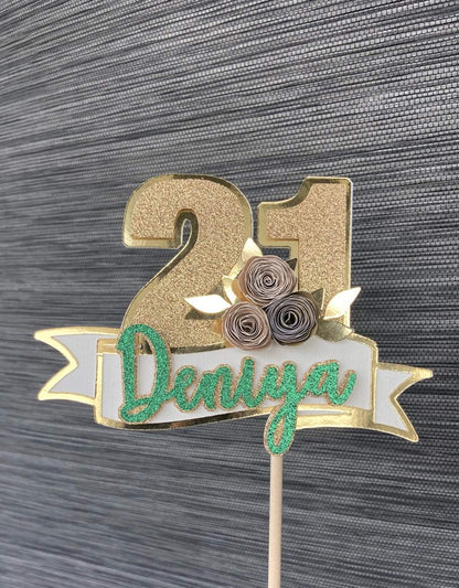 Taarttopper met bloemen en banner - naam en leeftijd freeshipping - Prints by Mi