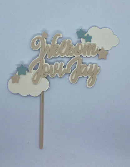 Taarttopper Welkom - Sterren en wolken met naam freeshipping - Prints by Mi